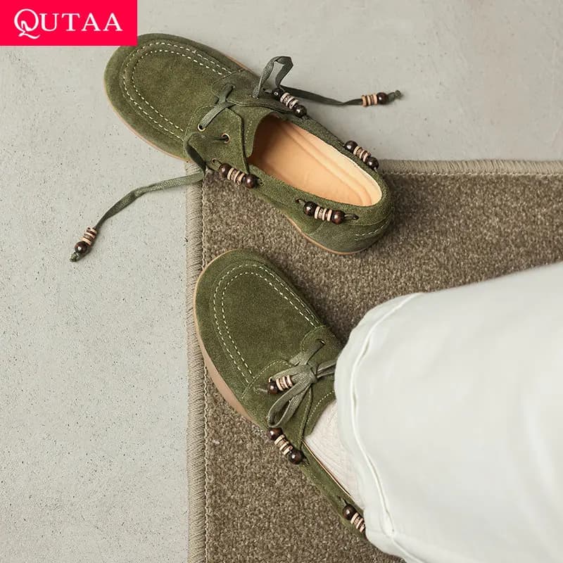 QUTAA 2026 Nuove Scarpe Basse da Donna in Pelle Scamosciata, Mocassini Casual con Lacci Effetto Stropicciato, Punta Tonda, Eleganti, Primavera, Taglie 34-40