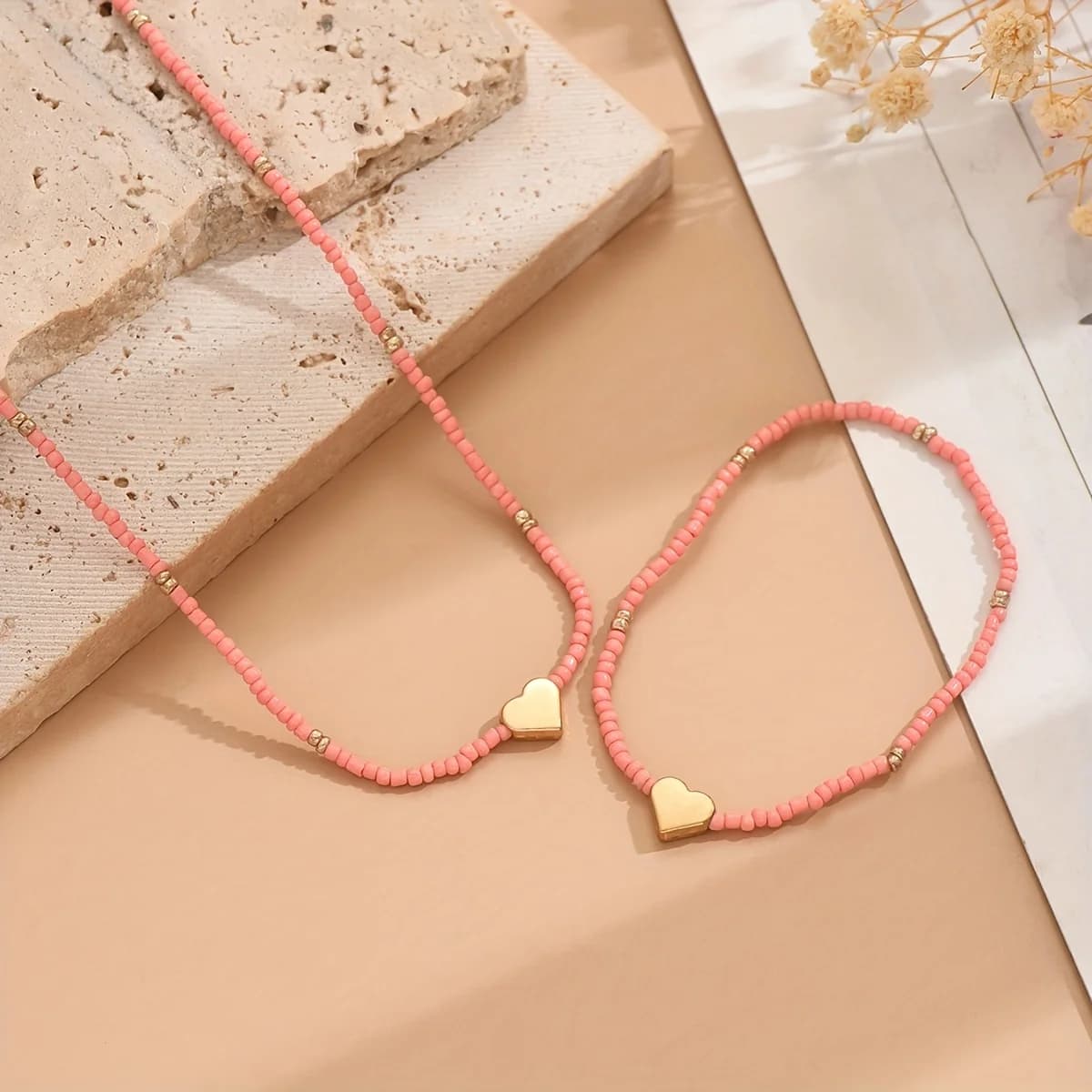 1pc Bracelet + 1pc Necklace Minimalist Creative Heart Beads Braided Elastic Jewelry Set Suitable for Teenagers Gift And Daily Wear, Perfect for Winter, New Year