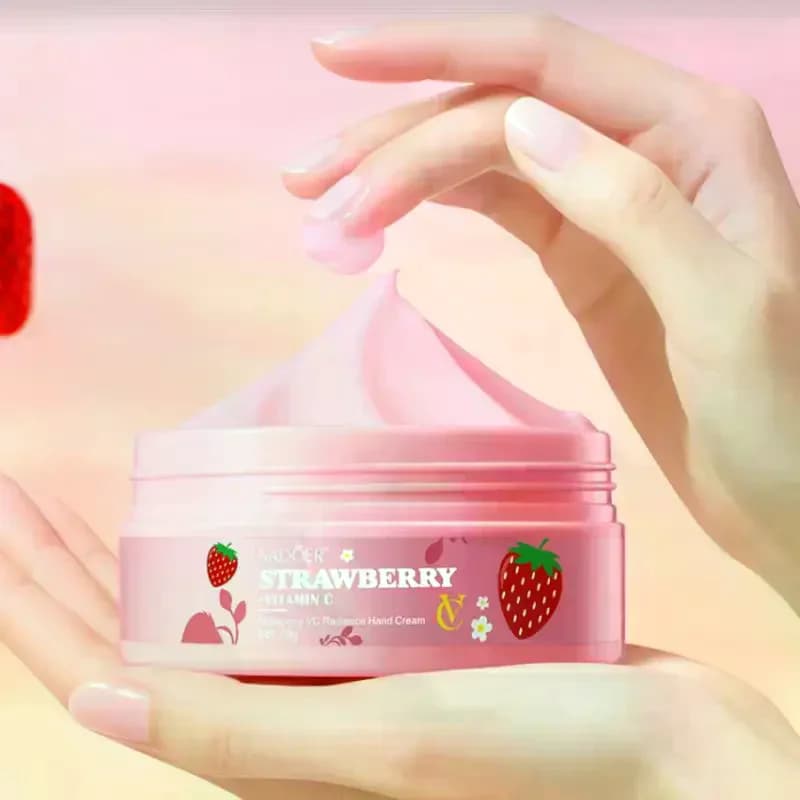 SADOER Crema Mani Idratante 70g al Gusto di Fragola, Crema Mani Illuminante VC per la Cura della Pelle in Autunno e Inverno