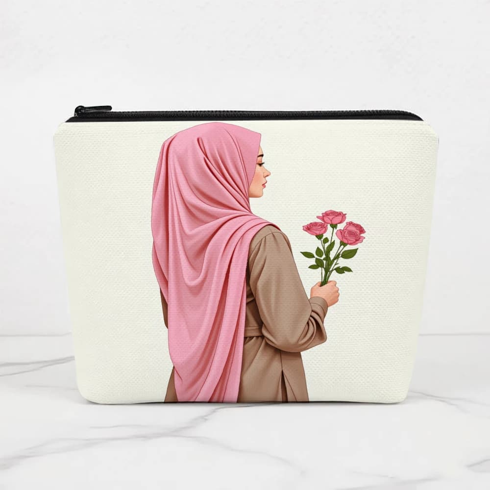 Borsa per il trucco da donna con hijab e rose, pochette cosmetica per ragazze, beauty case, astuccio per matite, borsa da viaggio