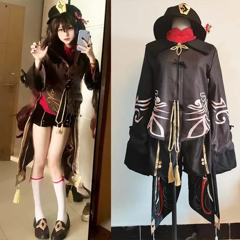 ☆ Costume Cosplay YunCos Hu Tao di Genshin Impact con Parrucca, Anello, Cappello e Abito in Stile Cinese per Halloween e Comic Con per Donne ☆