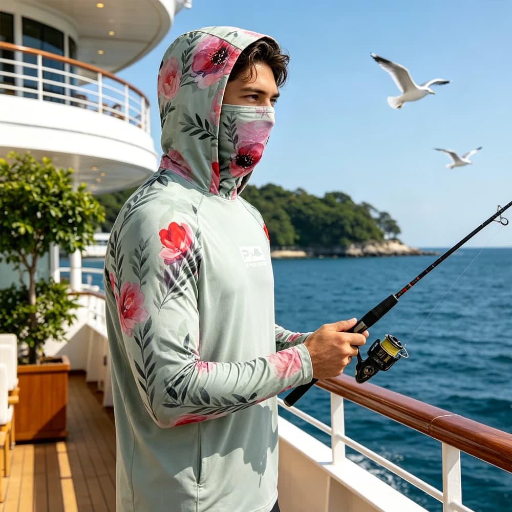 UPF50+ Men's Fishing Hoodie With Face Mask Long Sleeve Sun Protection Quick Dry Breathable Lightweight Outdoor Fishing Shirt