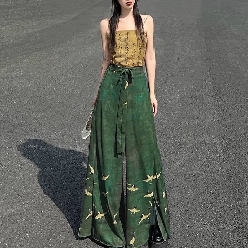 New Chinese-style Improved Chinese-style Calligraphy Halter Vest Wide-leg Pants Skirt Pants Stylish Set Plus-size Chubby Girl
