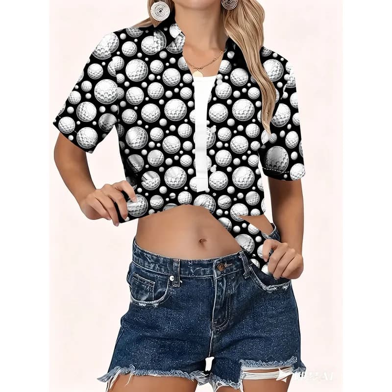 Black And White Golf Ball Patterned Printed Sports Style Short-Sleeve Casual Shirt for Women, Trendy And Fashionable