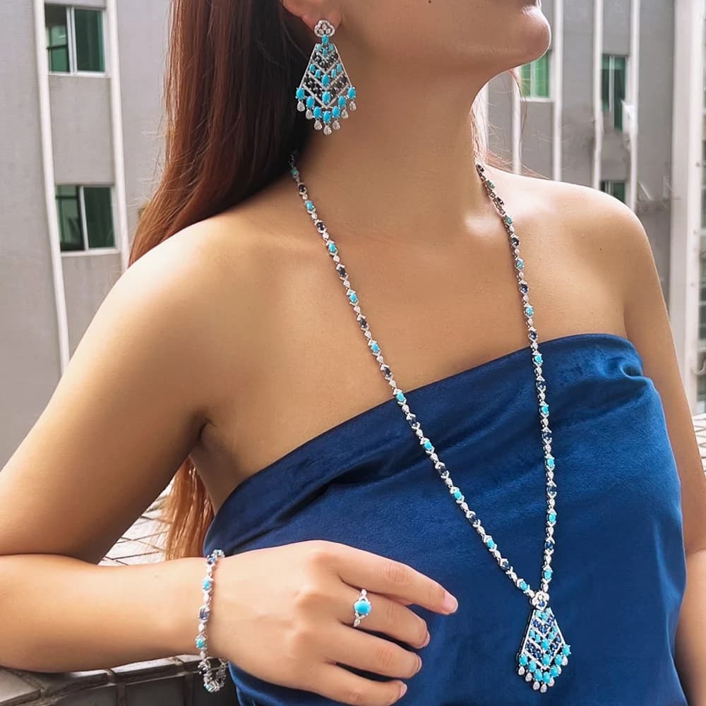 CWWZircons Set di Gioielli da Sposa Dubai con 4 Pezzi, Elegante Collana Lunga con Pendenti a Goccia in Turchese CZ, per Matrimoni e Feste T0949