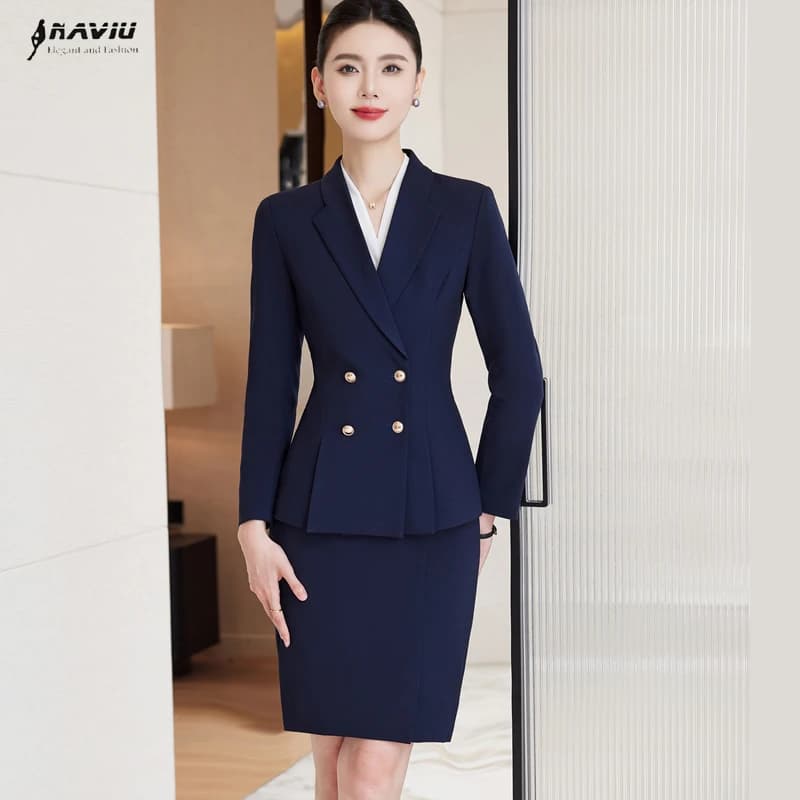 NAVIU Gray Black Navy Blue Fashion Women Skirt Suit Long Sleeve Solid Lady Blazer And Skirt Formal 2 Piece Set For Autumn Winter