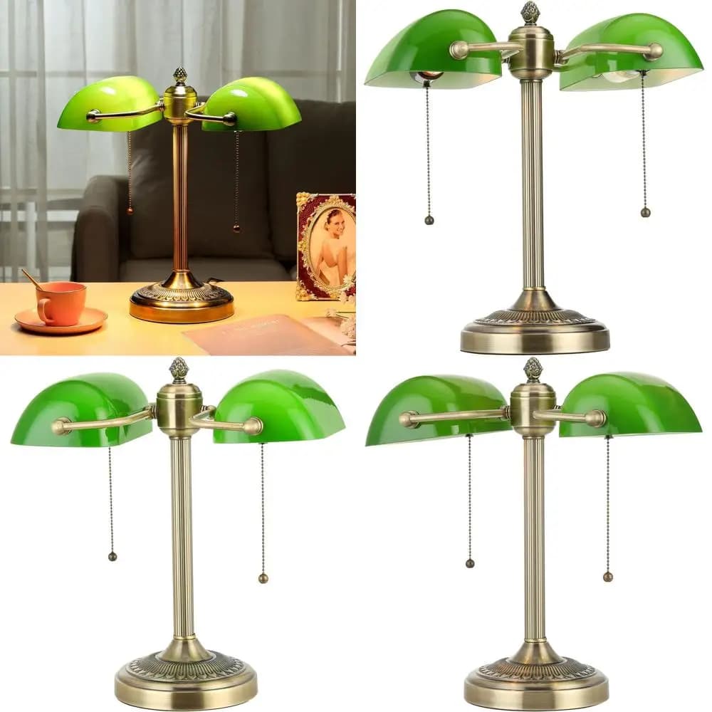 Lampada da Scrivania in Vetro Verde a Doppia Testa con Interruttore a Catenella per Biblioteca, Ufficio, Caffetteria