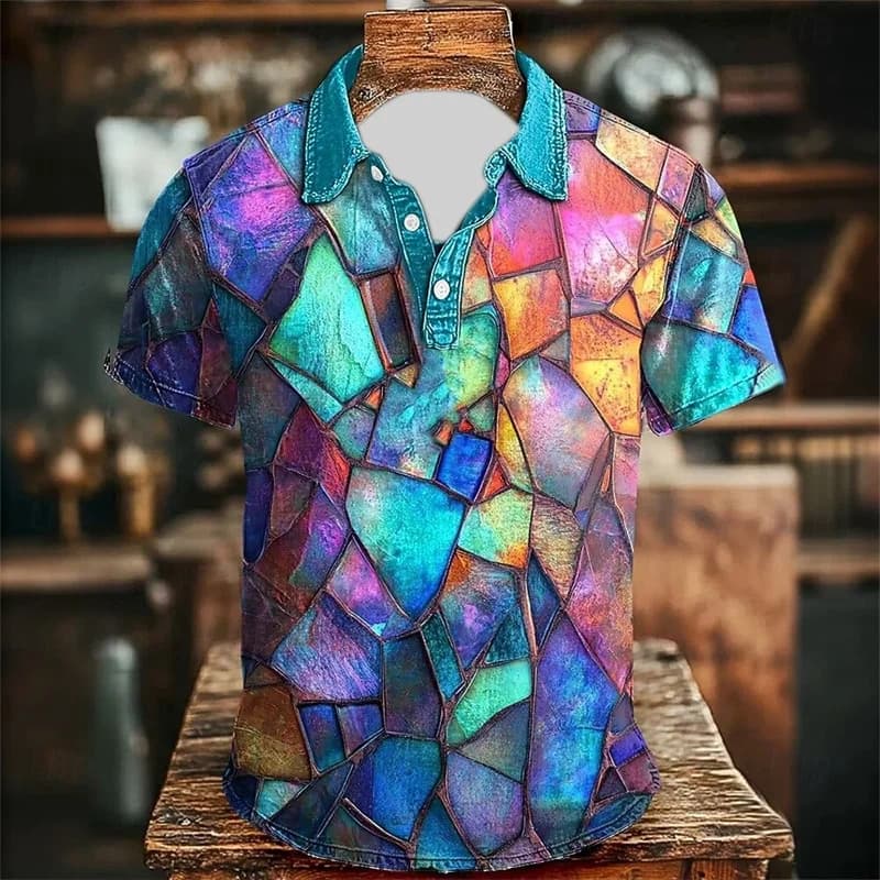 Polo classica geometrica da uomo, abbigliamento alla moda, camicia con bottoni e risvolto, top in colore stampato a quadretti 3D