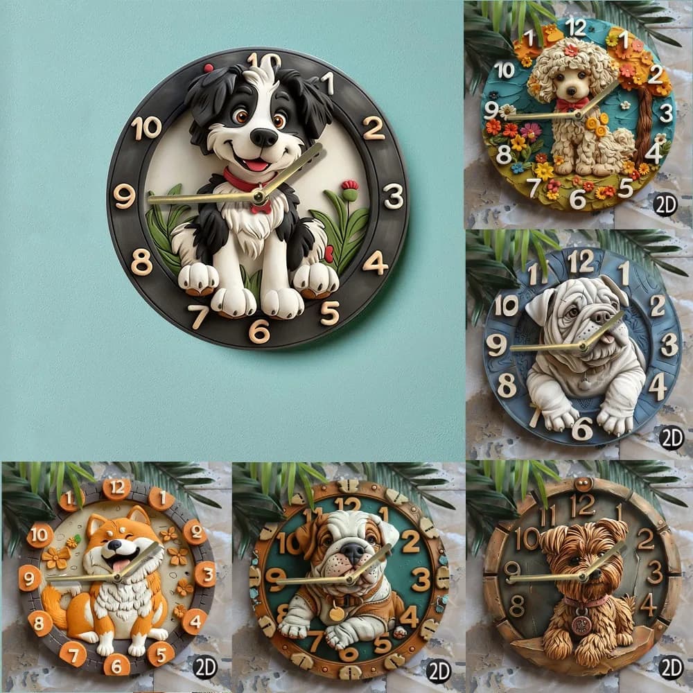 Un orologio da parete in legno con un adorabile design a forma di cane. Ideale per casa o ufficio. Funziona con batterie AA.