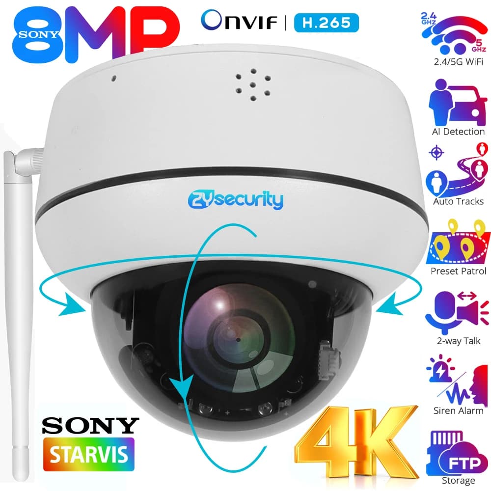 4K WiFi/POE Dome IP Camera Outdoor 8MP Auto Tracking PTZ Security Camera Human/Vehicle Detect 2-way Talk Wireless Surveillance