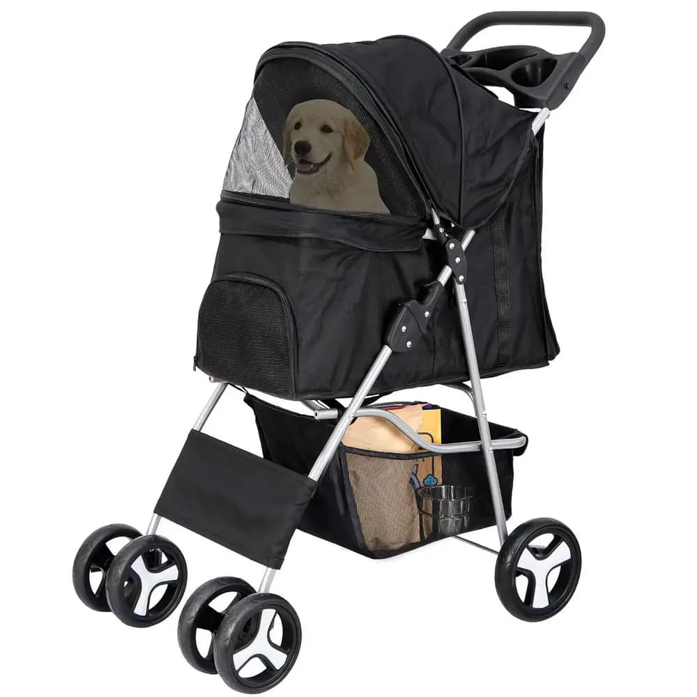 Pet Stroller Dog Cat Stroller Small Medium Dog Cats Portable Carrier Jogger Travel Puppy with Storage Basket and Cup Holder Blac