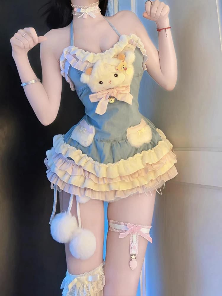 Abito estivo da donna Lolita in stile giapponese dolce Y2k Design chic Abito con scollo all'americana e fiocco Abito corto femminile con torta patchwork di moda