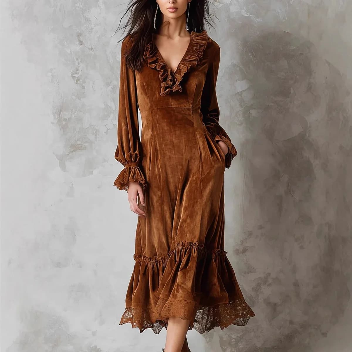 Abiti da donna 2025 Abito lungo slim fit con scollo a V in velluto vintage con volant in pizzo impiombato per le donne Abiti da festa eleganti autunno inverno