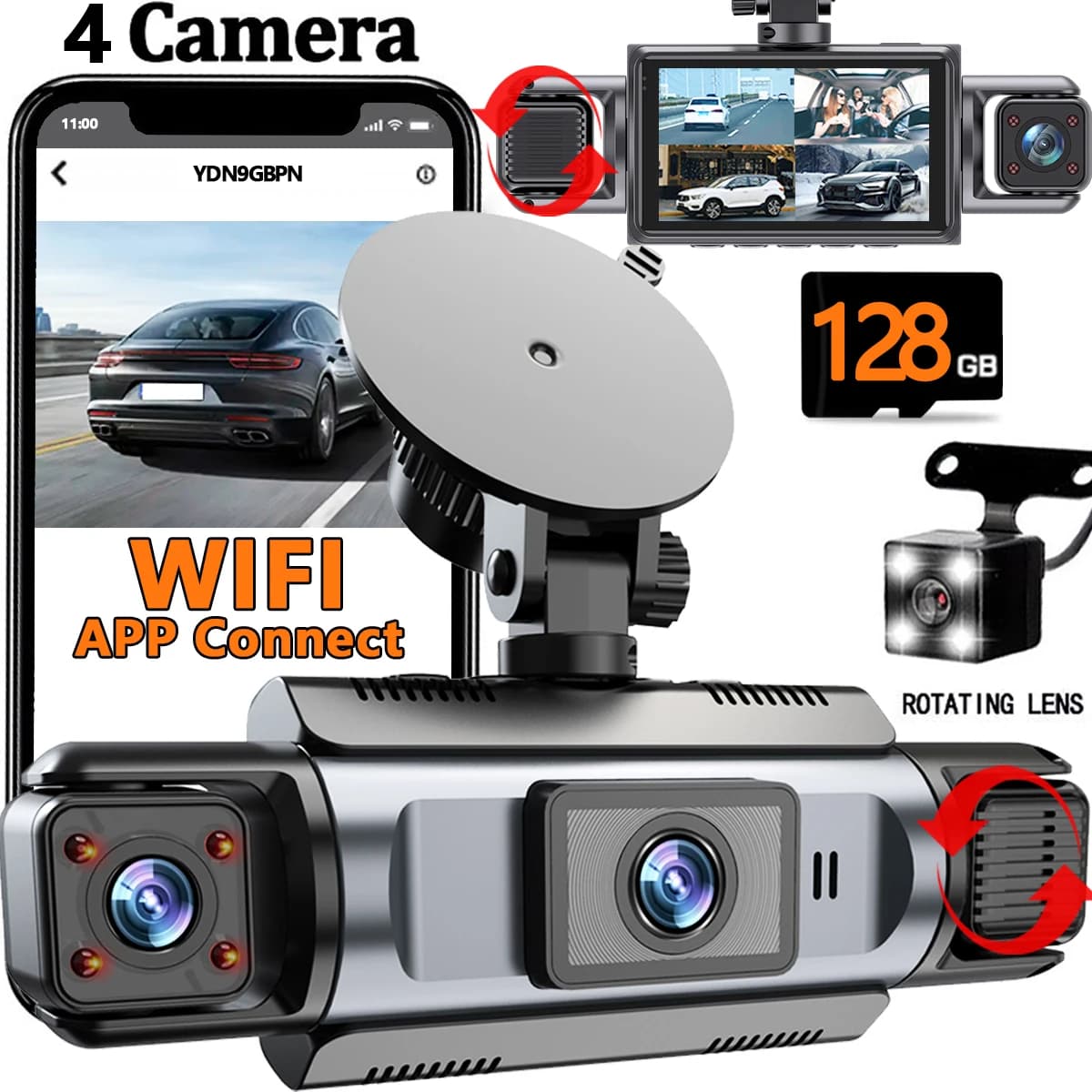 Dash Cam a 4 canali dashcam wifi per videoregistratore dvr per auto Visione notturna Monitor di parcheggio 24 ore Scatola nera 360 ° Telecamera di registrazione per auto