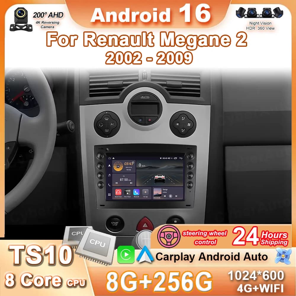 Autoradio Carplay Android Auto per Renault Megane 2 2002 - 2009 Android 16 Lettore Multimediale Video per Auto Navigazione stereo GPS DVD