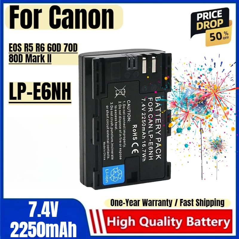 Batteria LP-E6NH Batterie ricaricabili e caricabatterie da 7,4 V 2250 mAh per batteria per fotocamera Canon EOS R5 R6 60D 70D 80D Mark II