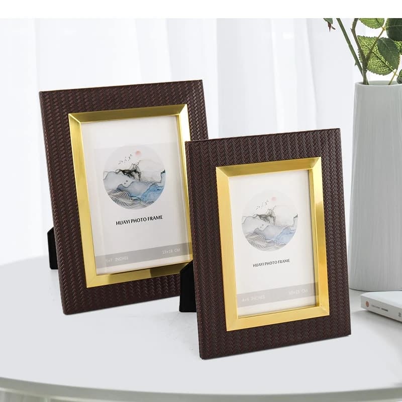 Metal Picture Frame Leather Woven Grain Photo Storage Display Family Frames Wall Home Decoration Accessories