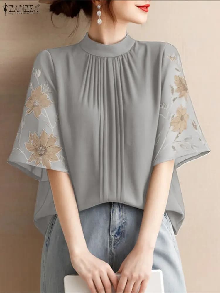 Elegante camicetta da donna da ufficio ZANZEA camicia estiva donna colletto alla coreana manica corta tunica top elegante stampa floreale Blusas Mujer Femme