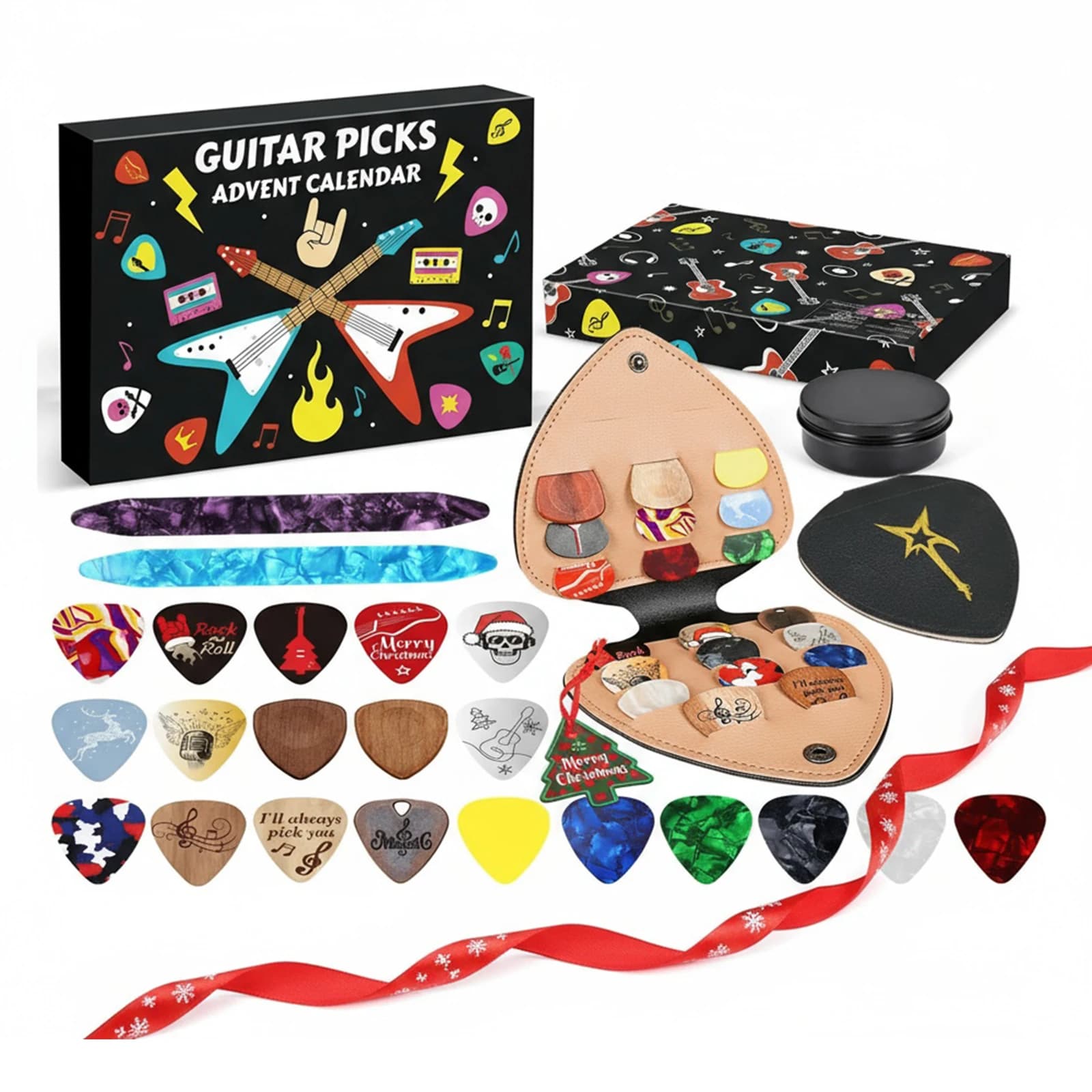 Calendario dell'Avvento 2025 con Plettri per Chitarra, Scatola a Sorpresa con 24 Giorni di Musica, Mystery Box con Plettri in Celluloide e Legno, Regalo per Bambini