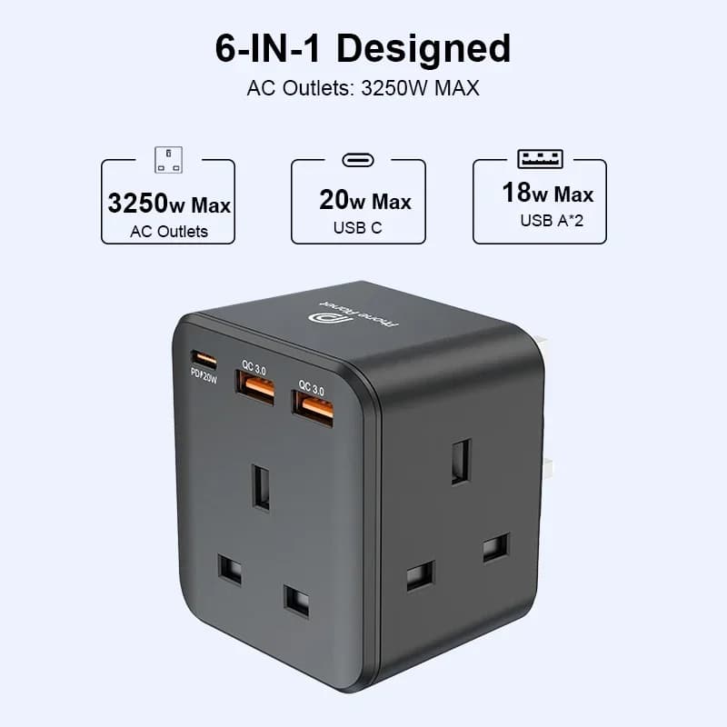 3250W Max 6In1 AC Ports-Applicable Equipment Charging Adapter Desktop Charging Station With Baby Safe For Iphone IPad Laptop