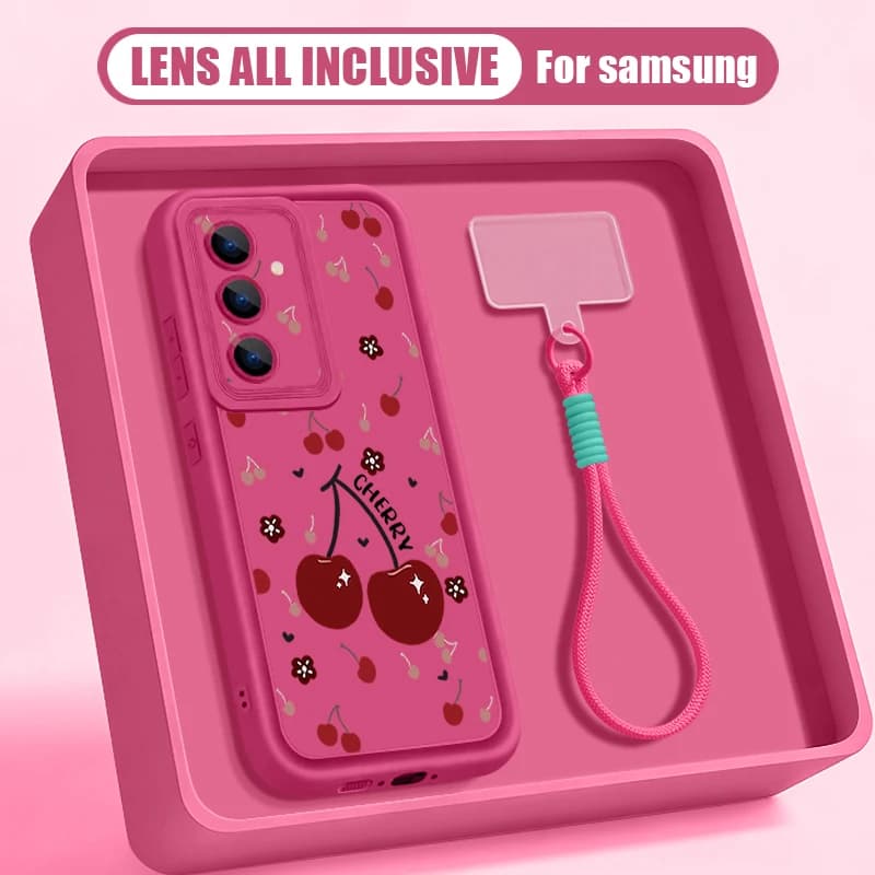 Cherry Pattern Lanyard Phone Case For Samsung Galaxy S26 S24 S23 S22 Ultra Plus S25 FE A57 A37 A27 A56 A16 A17 A55 A15 A54 Cover