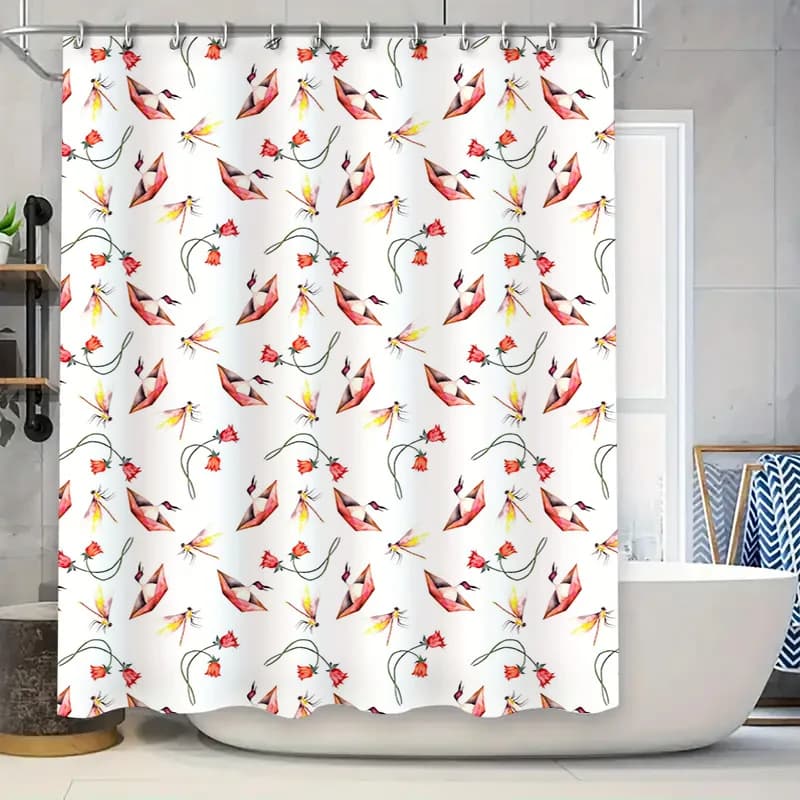 Tenda da doccia con stampa artistica di uccelli e fiori, decorazione per il bagno, tessuto impermeabile, tende da doccia con motivo floreale bianco/rosso per la casa