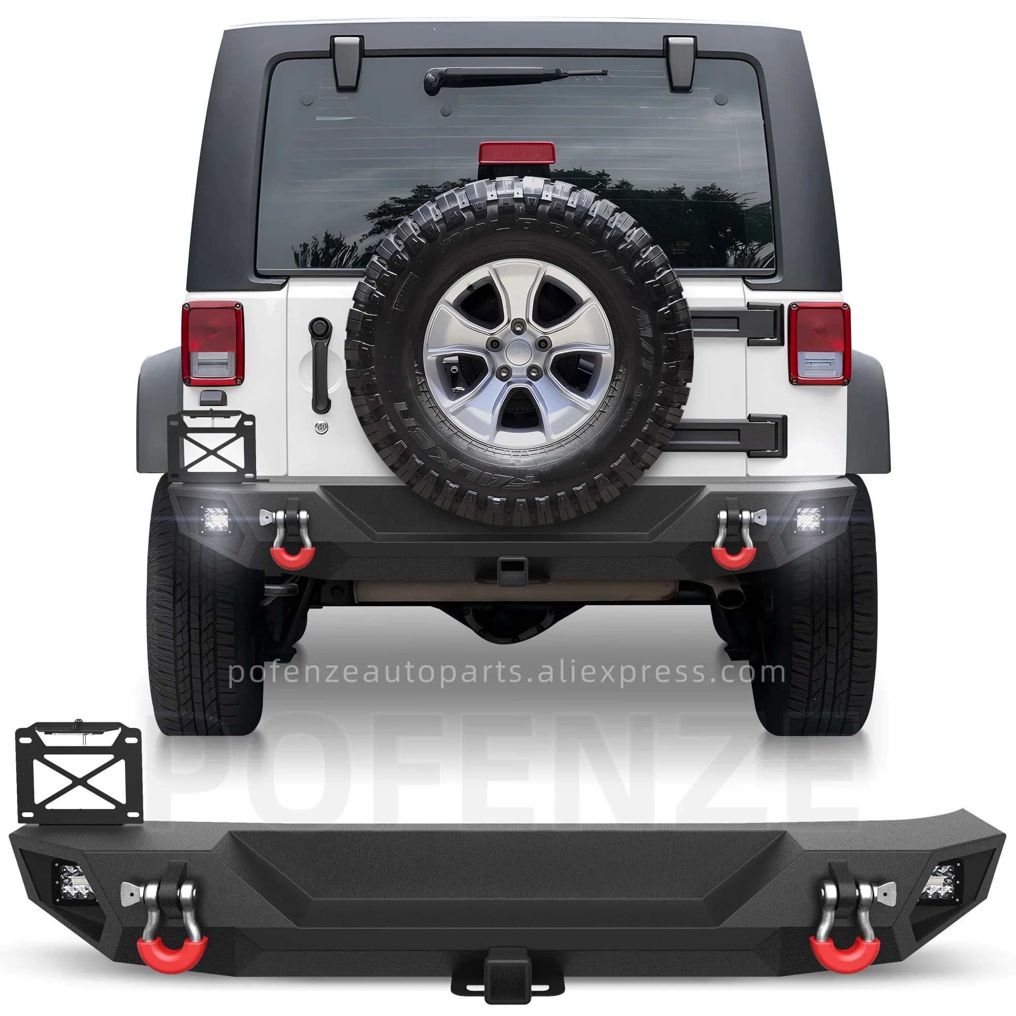 Paraurti posteriore per Wrangler JK JKU 2007-2018, testurizzato con ricevitore gancio da 2", luci a LED, targa con luci e anelli a D