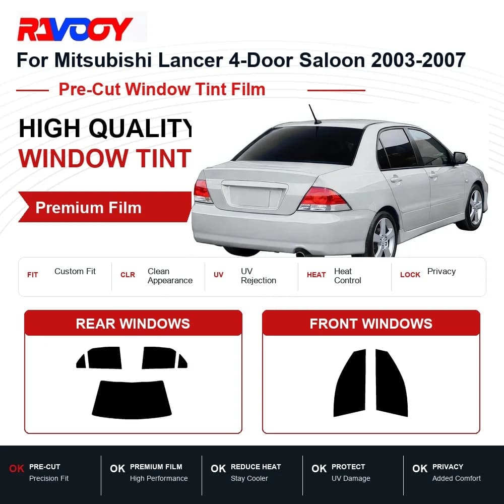 RAVOOY Precut Window Tint, Reusable Removable EPU Film, Custom Fit for Mitsubishi Lancer 4 Door 2002-2007, UV Heat Protection