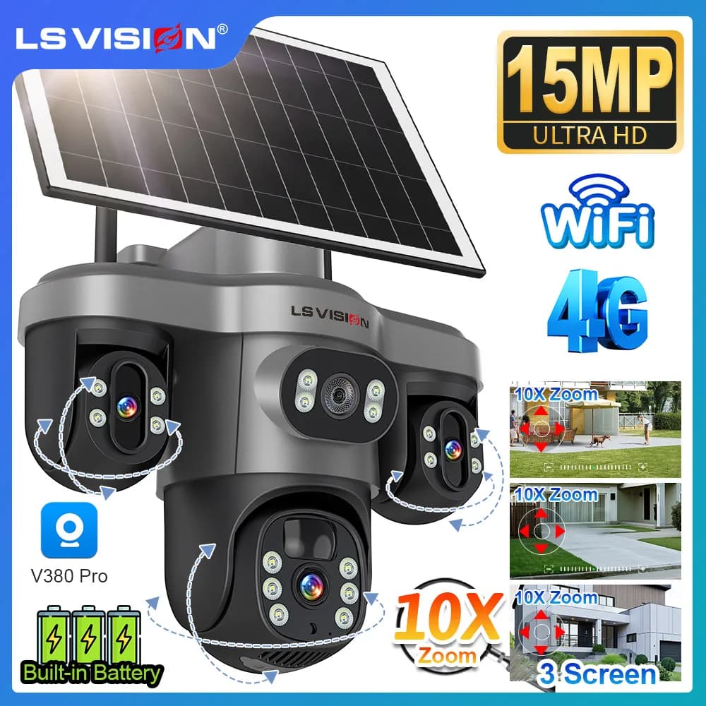 LS VISION 15MP Tre obiettivi PTZ Tre schermi 4G Telecamera solare WiFi esterno Zoom digitale 10X Telecamere di sicurezza con tracciamento automatico V380 Pro