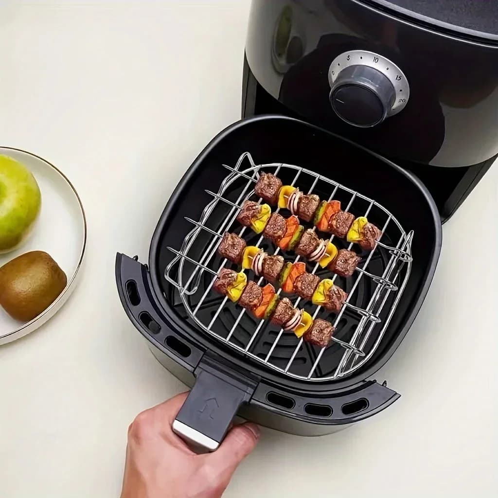 1 set di griglie quadrate per friggitrice ad aria in acciaio inossidabile, con 4 spiedini per barbecue, accessori per friggitrice ad aria, griglia da cucina, cucina