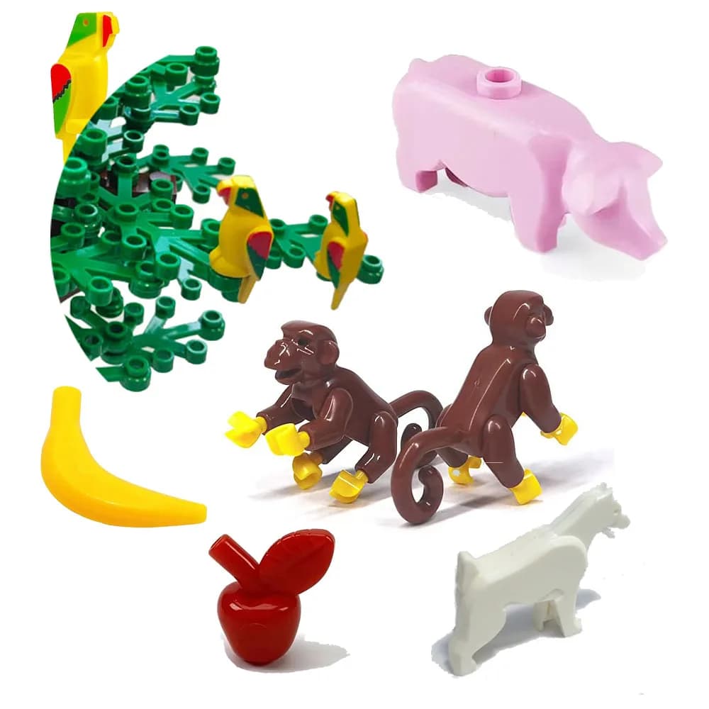 Blocchi di costruzione animali cane maiale cavallo uccello scimmia mela banana pianta accessori per blocchi di costruzione mattoni fai da te giocattoli per bambini