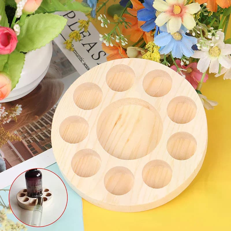 Round wooden display for essential oils 10 slot organizer rack for home decorations and wellness accessories