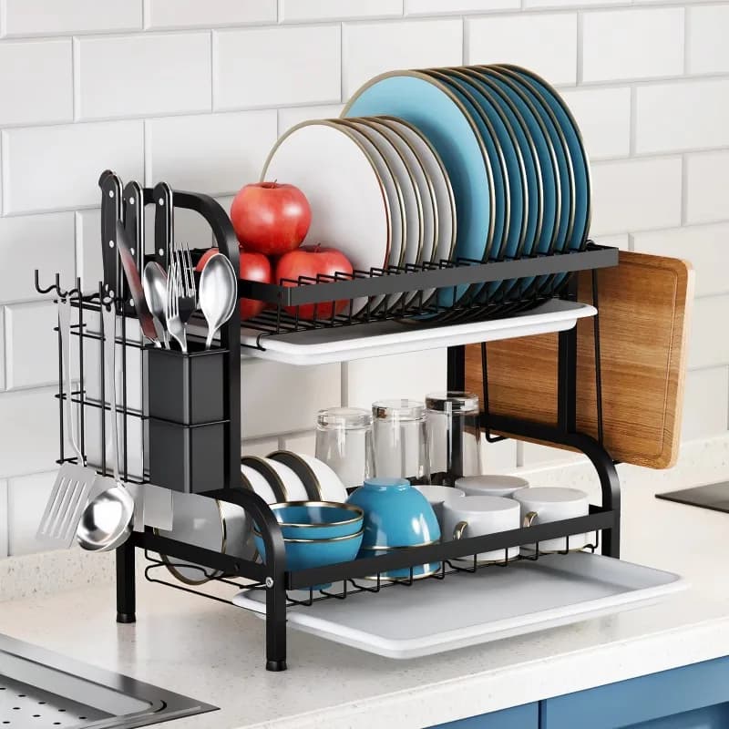2-level compact cutlery, anti-rust kitchen dish organizer with tool tray, cup holder, knife block