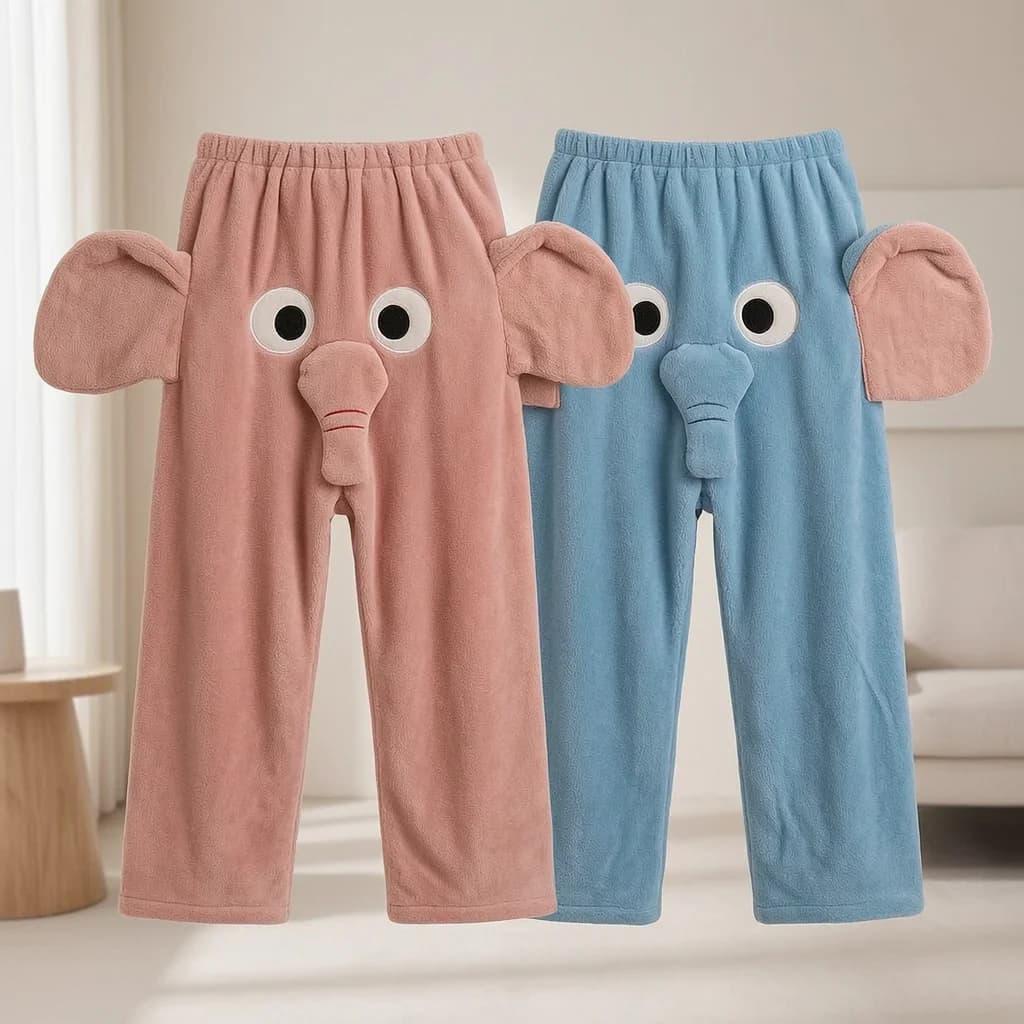 Pajama Pants Cartoon Elephant Flannel Cozy Wide Leg Lounge Bottoms Sleepwear For Women Men Couples Cosplay