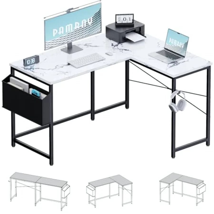 Scrivania da Gaming a L Reversibile da 47 Pollici con Borsa Portaoggetti, Tavolo per Computer ad Angolo per Casa e Ufficio, per Scrivere e Studiare, Effetto Marmo