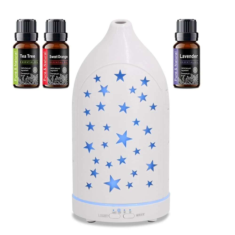 Diffusore di oli essenziali ad ultrasuoni con luci LED a 7 colori, design a stella cavo, silenzioso e spegnimento automatico