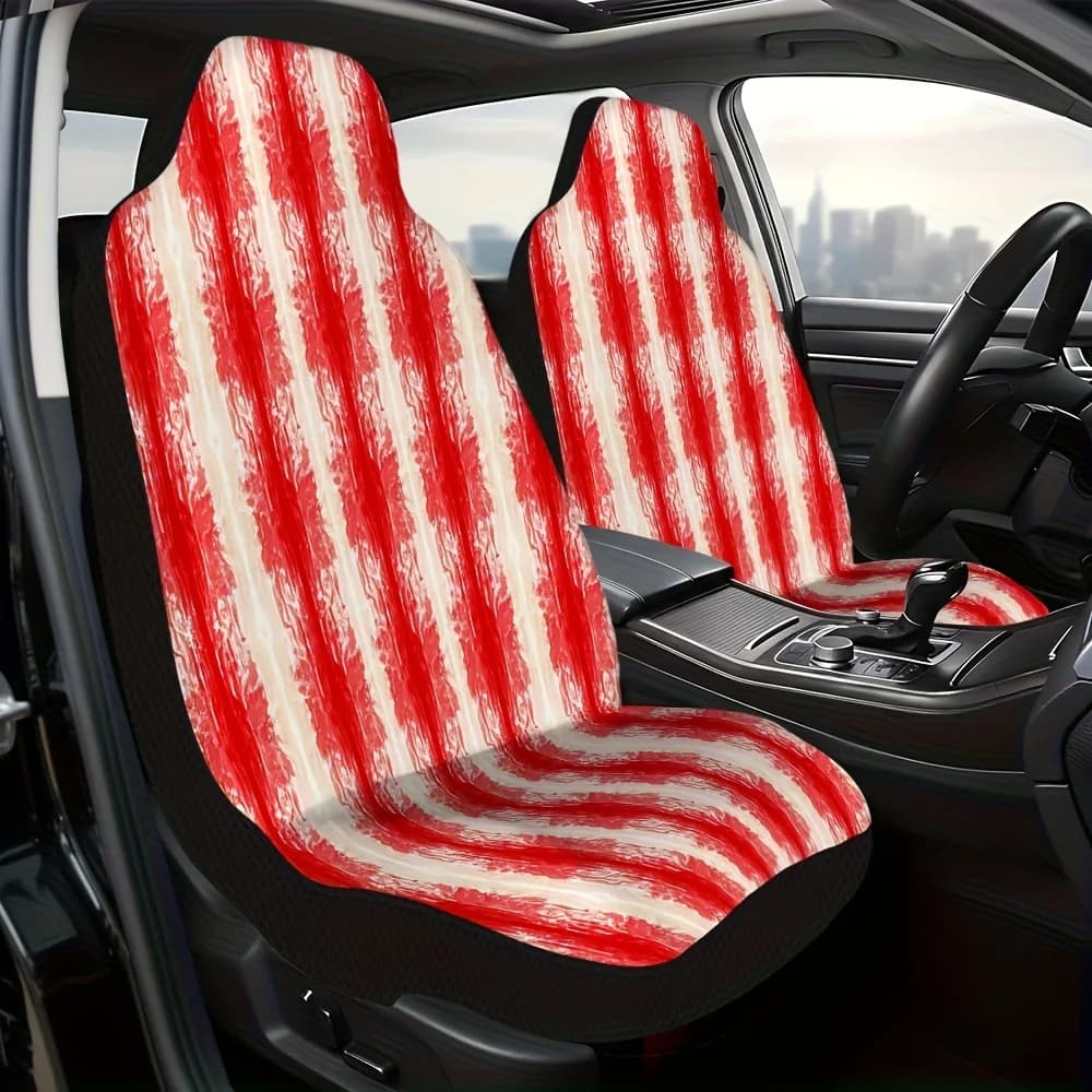 2pcs, Decorative Red White Vertical Stripes Design Car Seat Covers, Fit For SUV Sedan Truck, Comfortable Fabric Adds Beautiful