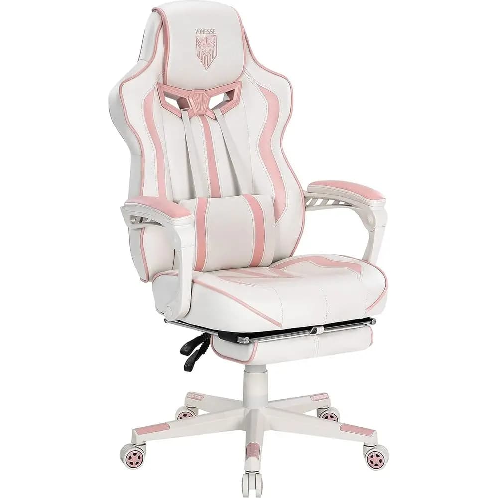 Sedia da Gaming Ergonomica con Schienale Alto, Poggiapiedi e Massaggio, Bianca e Rosa per Adulti