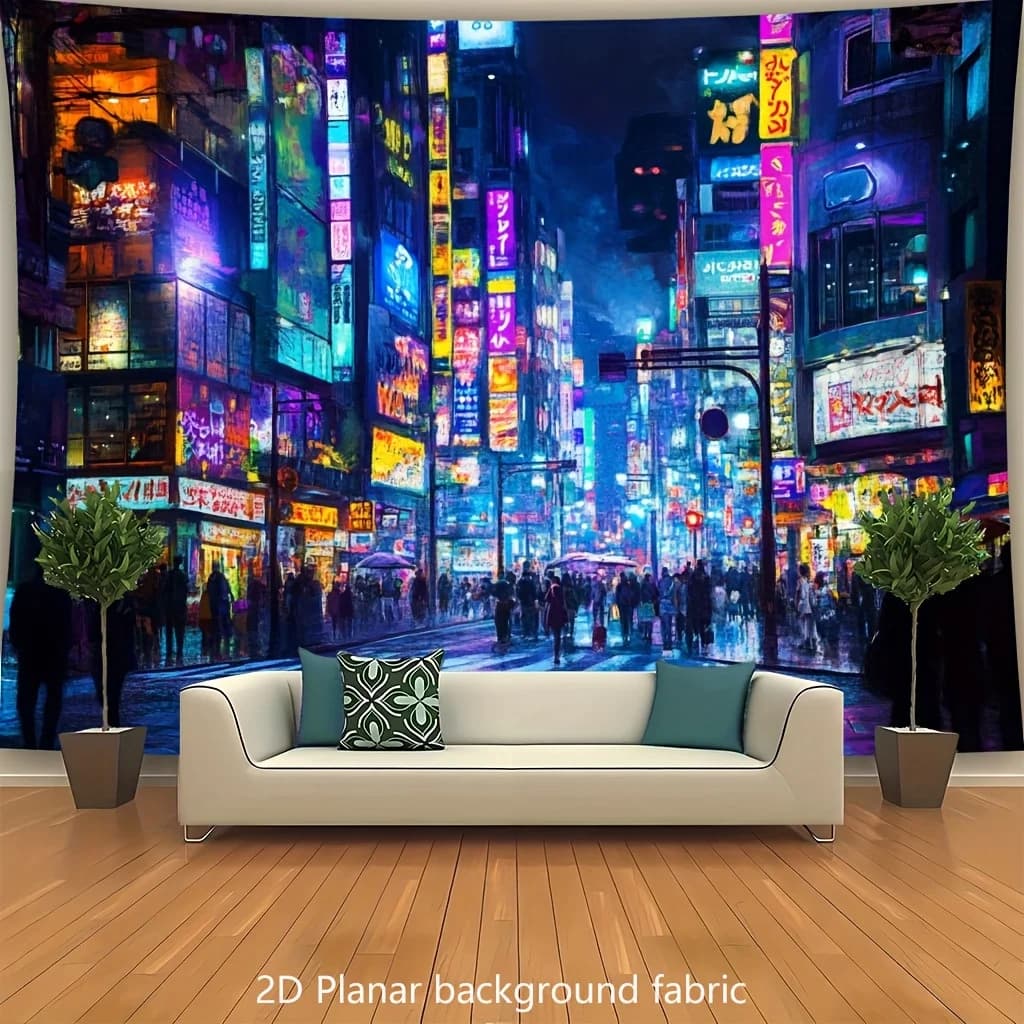 Neon City Night Street Scene Tapestry Tokyo Cyberpunk Urban Glow Wall Art 2D Planar Fabric for Modern Living Room Sofa Decor