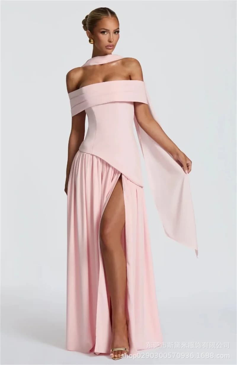 Abito da ballo rosa da donna con sciarpa Abito da festa lungo senza schienale sexy con spalle scoperte Abito da tappeto rosso formale con spacco laterale