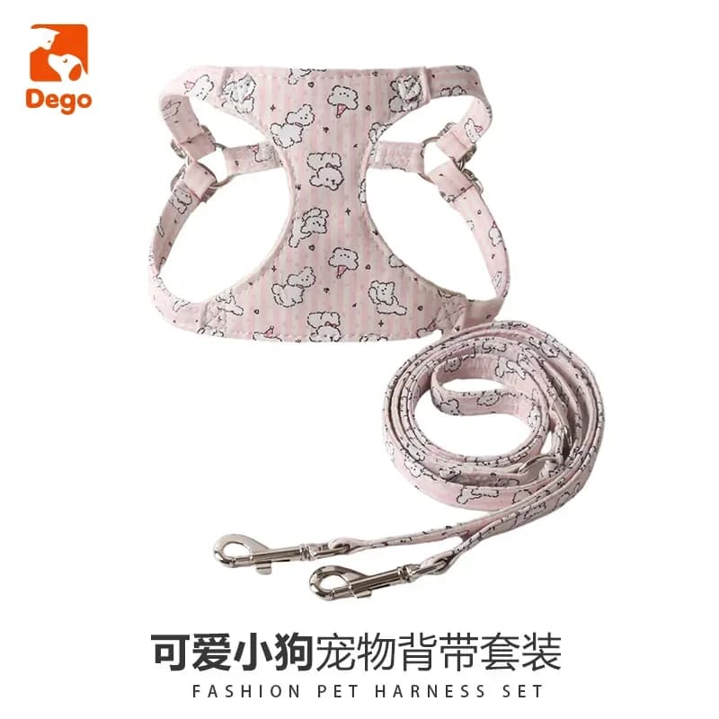 Anti-Pollution Pet Harness, Super Cute Striped Harness Set With A Small Dog Pattern, Double-Groove Leash