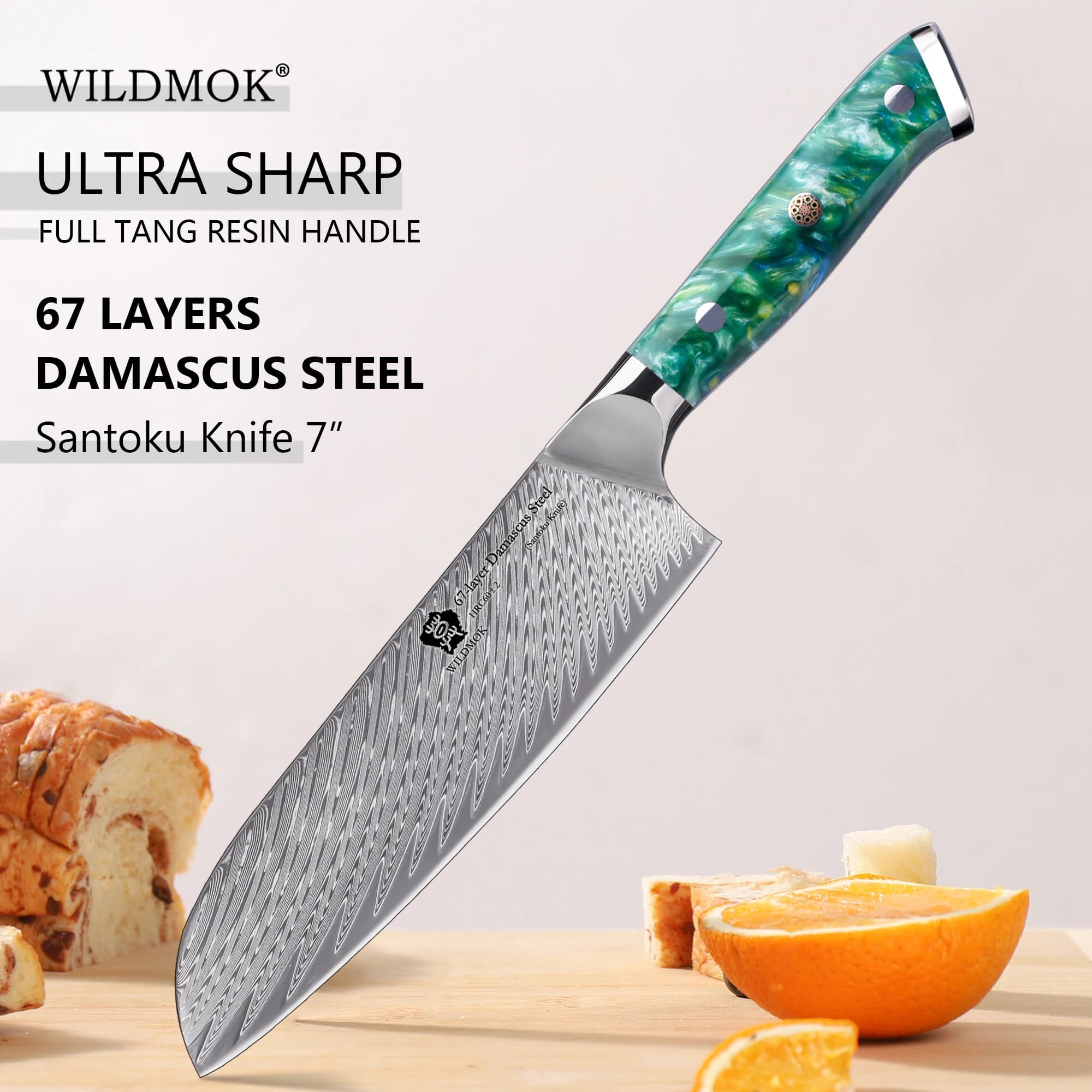 WILDMOK Handforged Damascus Santoku Knife with Resin Ergonomic Handle, Multi-Purpose Kitchen Knife for Meat Cleaver Cooks