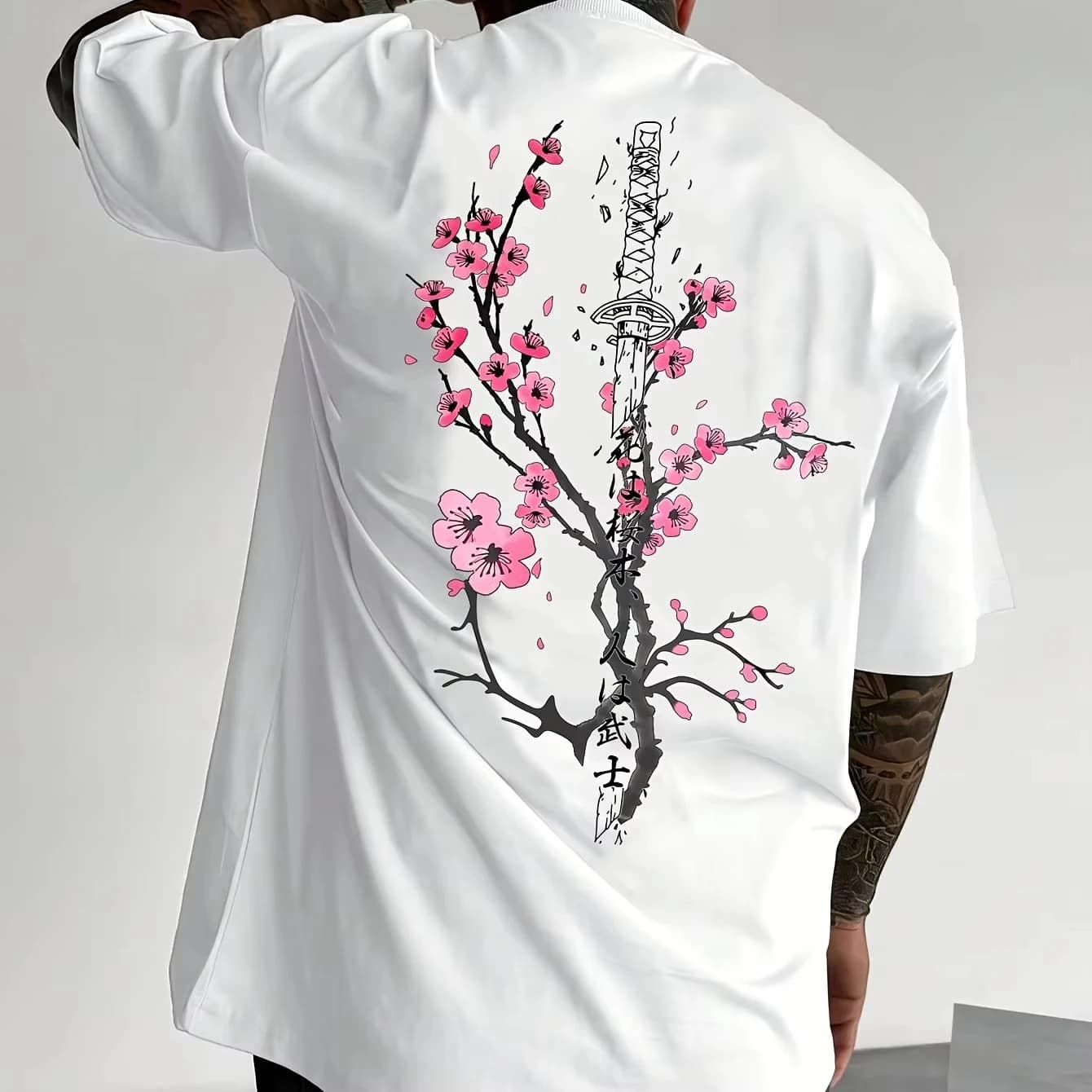 T-shirt grafica da uomo casual street style Cherry Blossom Tower - T-shirt estiva girocollo a maniche corte beige con rosa nero