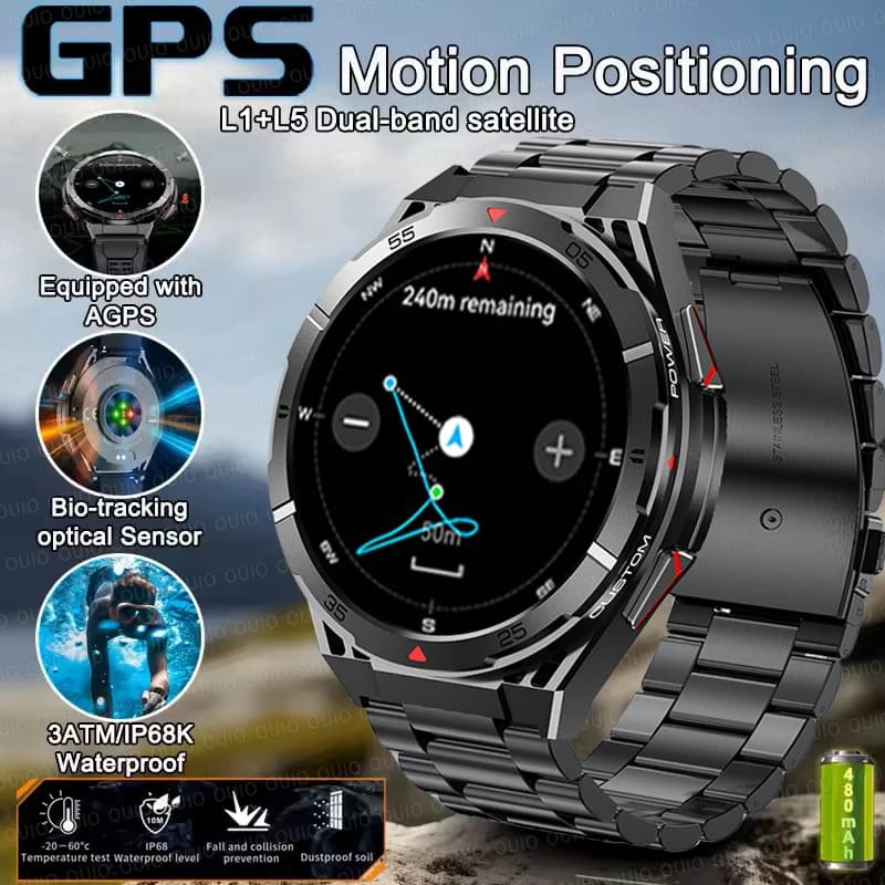 New Smartwatch GPS Satellite Dual-Band 2025 for Men, AMOLED Screen 1.43'', IP69 5ATM Waterproof, Compass, Cardiofrequencymeter, BT Calls