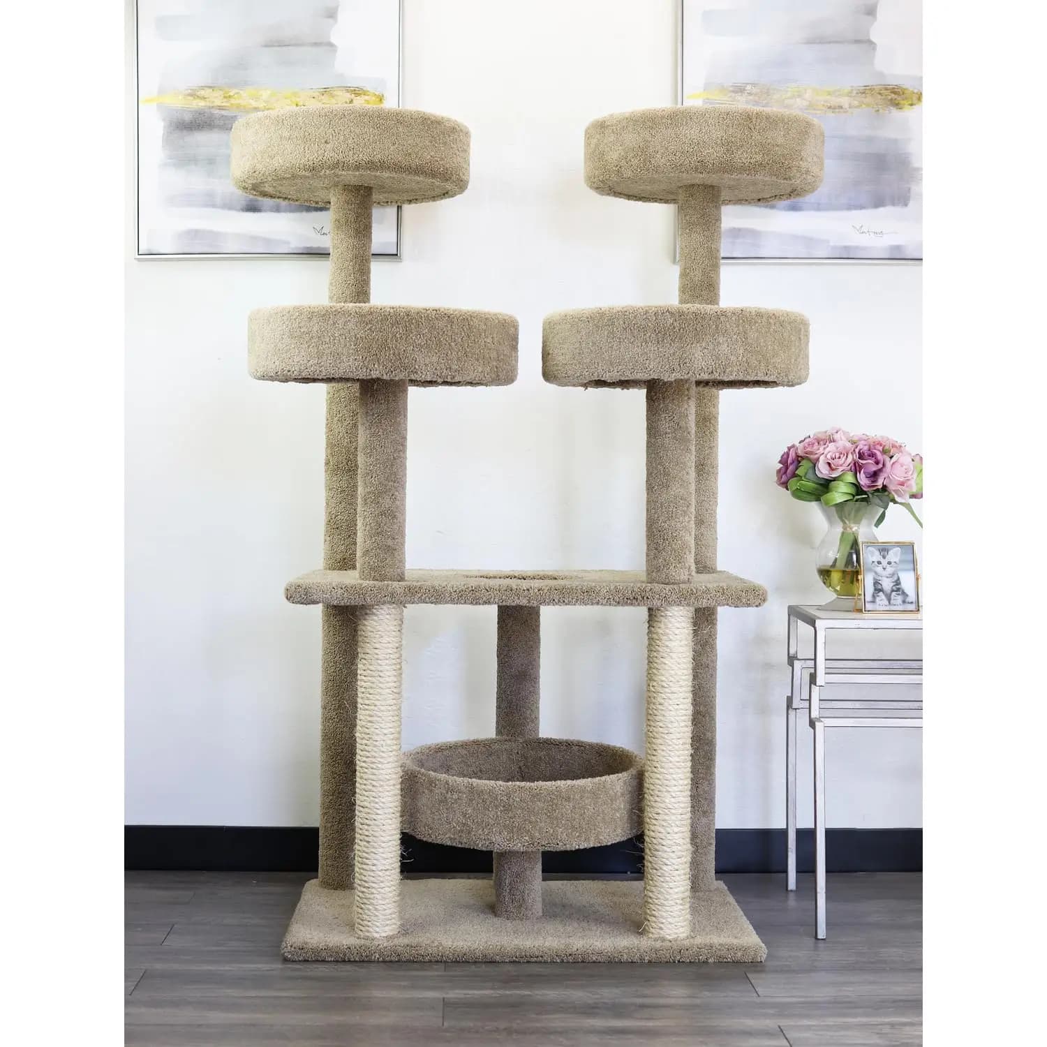 Albero per Gatti Multilivello in Legno Massello e Moquette con Tiragraffi, Base Robusta, Marrone 41x31x55", Personalizzabile