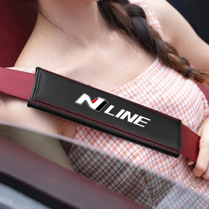 2Pcs N LINE Logo Nappa Leather Safety Belt Shoulder Covers Protection Car Accessories For I30 I40 I10 Santa Fe Sonata Elantra