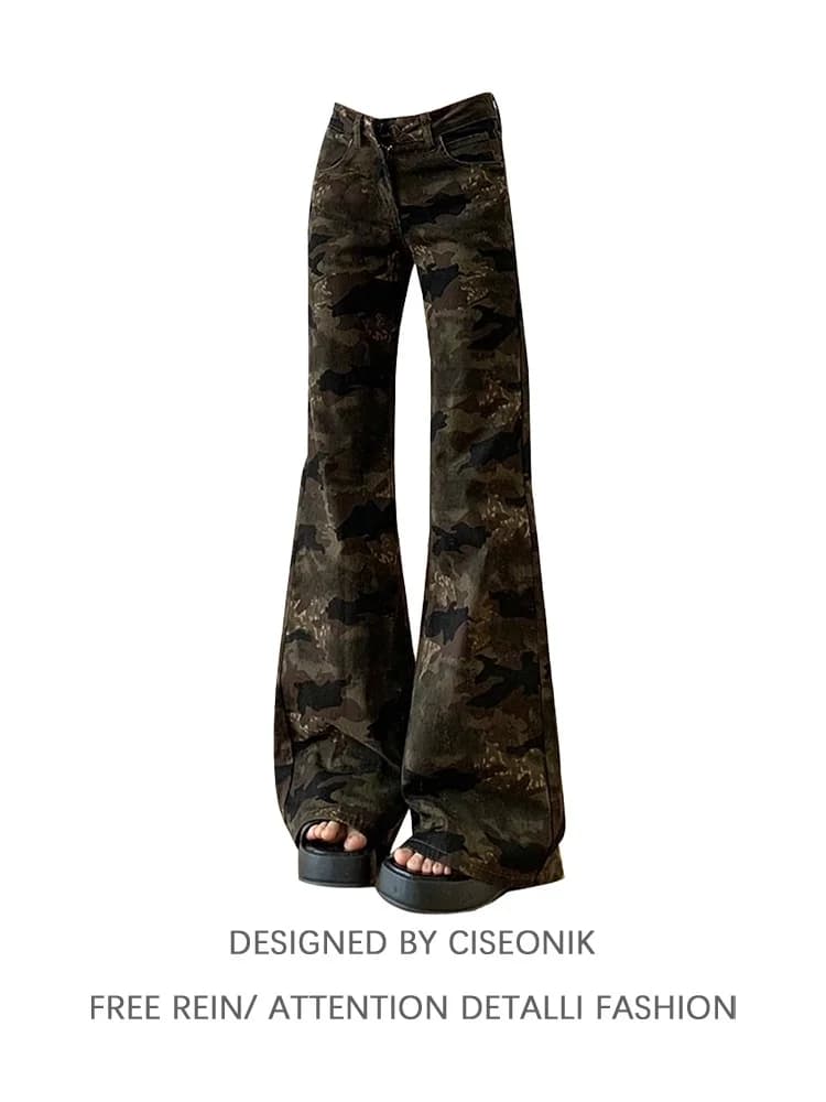 American Style Retro Camouflage Workwear Bell Bottom Jeans Women's Low Waist Not Legging Hoof Pants Floor Length
