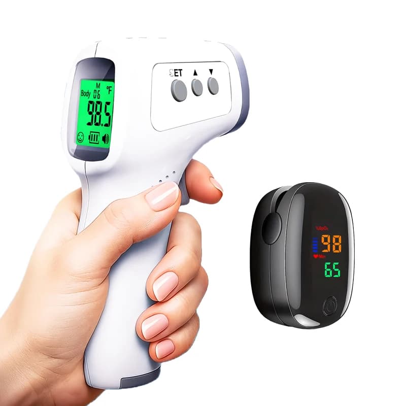 Non-Contact Digital Thermometer Backlit Medical Body Fever Thermometer or Mini Fingertip Oximeter Blood Oxygen Monitor