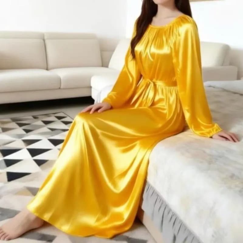 Glossy Ice Silk Night Robe With Belt Unisex Satin Long Dress Loose Maxi Dress Pullover Elegant Dresses Sleeping Wear Soft Silky