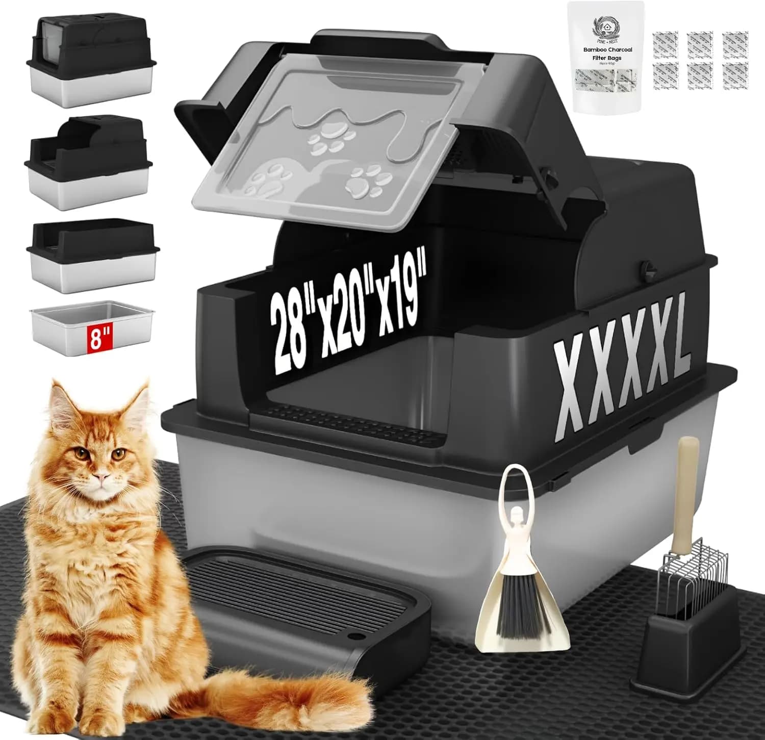 Lettiera Jumbo in acciaio inossidabile con coperchio per Maine Coon, 71 cm L x 51 cm L x 48 cm A, extra grande, antiaderente, anti-perdita